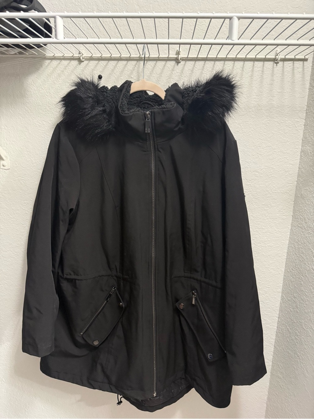 DKNY Black Women's Faux-Fur Hood Parka Jacket - 2XL